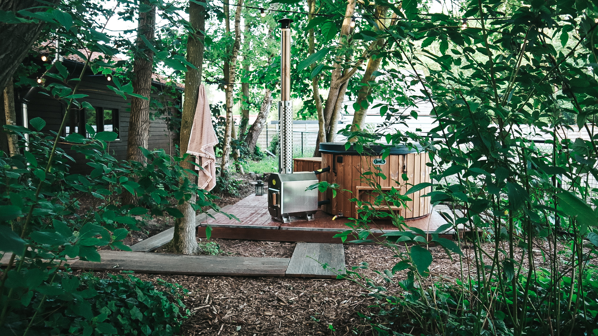 Wide cabin exterior in the woods
